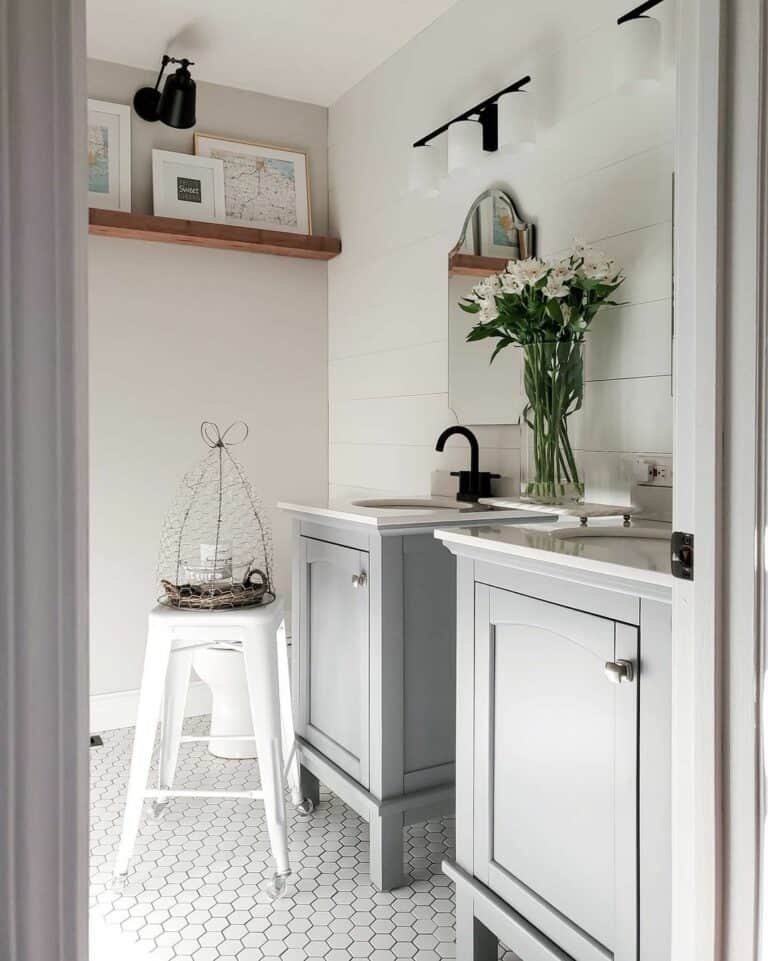 White Bathroom With Two Grey Vanities