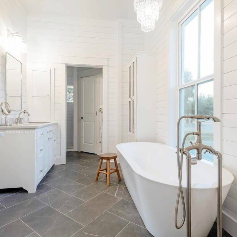 White Bathroom with Freestanding Tub with Shower