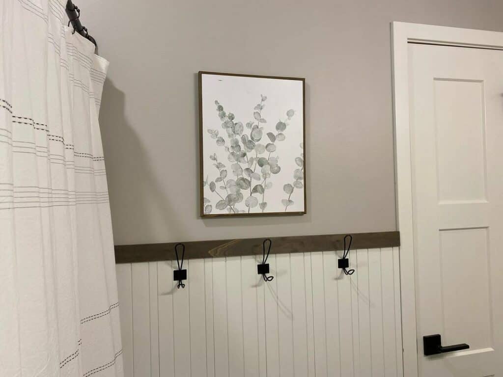 White Beadboard Bathroom Wall with Wood Trim