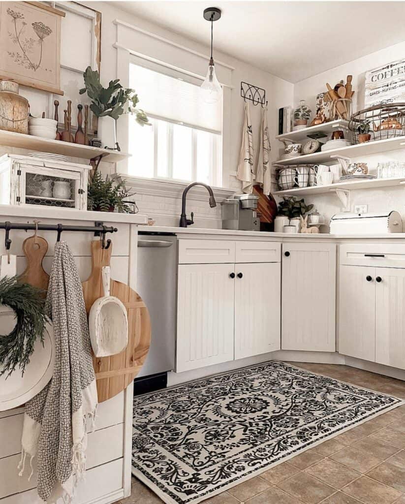 White Beadboard Kitchen Cabinets with Black Hardware