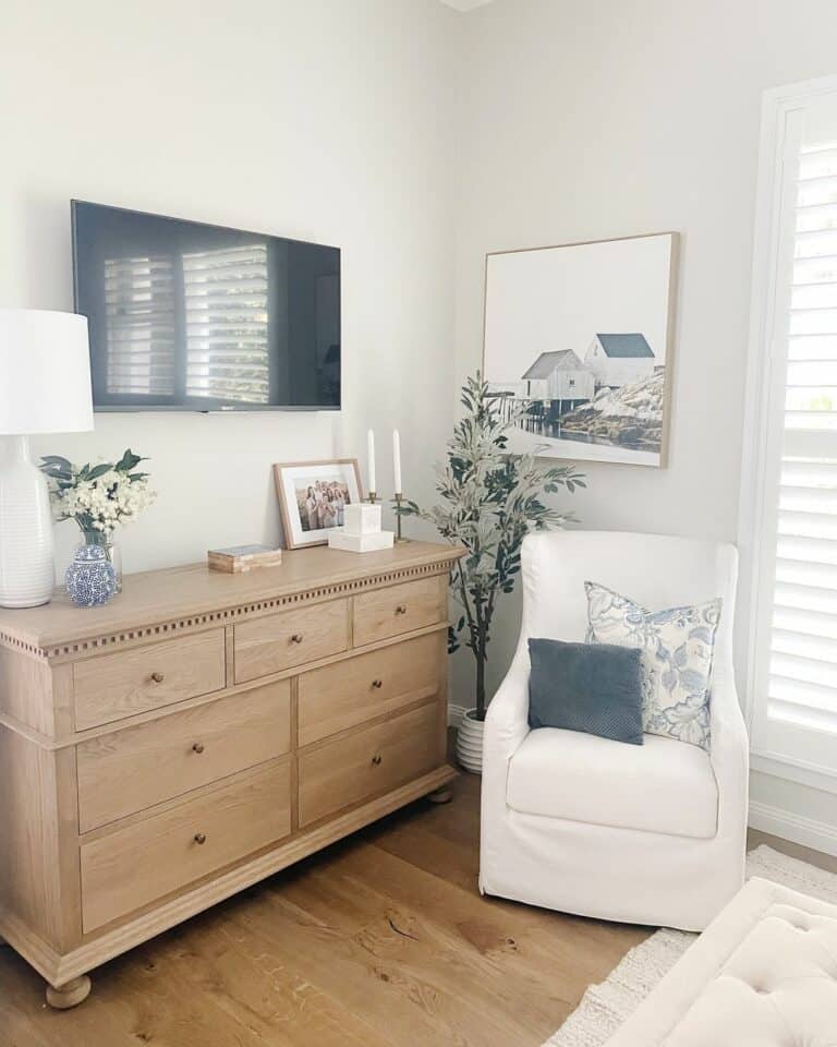 White Bedroom TV Ideas With White Armchair