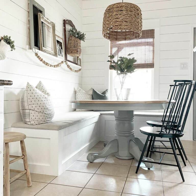 White Bench Lining White Shiplap Walls