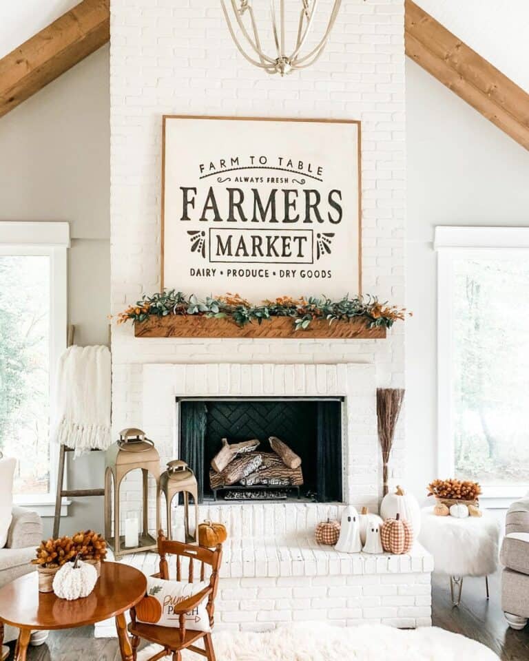 White Brick Fireplace with Farmhouse Fall Fireplace Décor