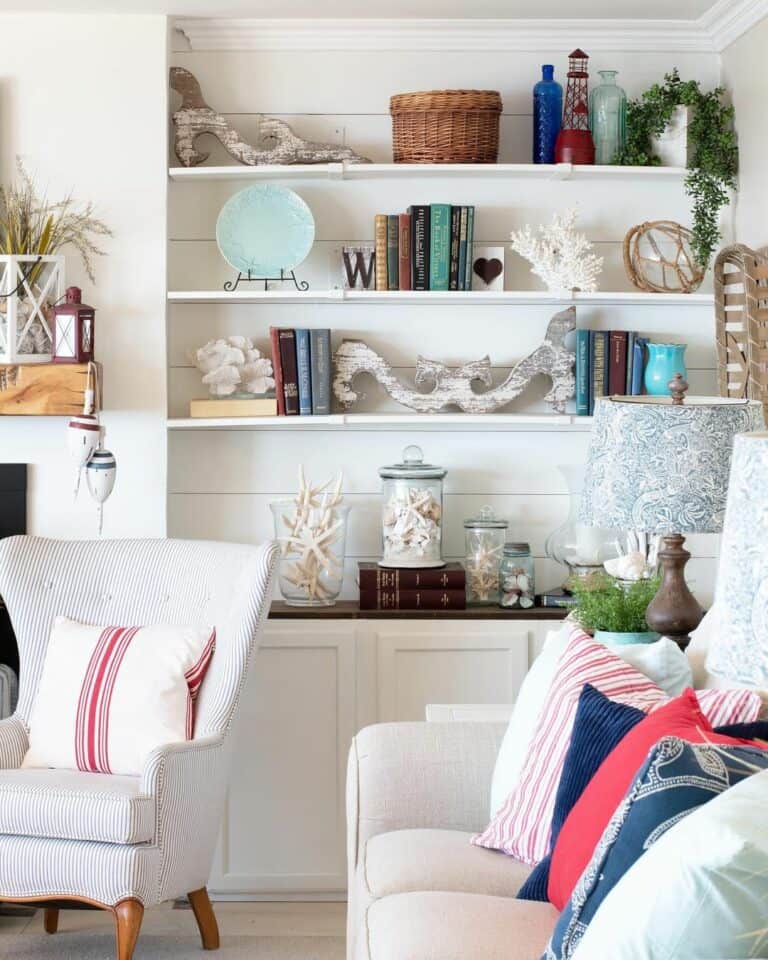 White Built-in Living Room Shelves with Coastal Vignette