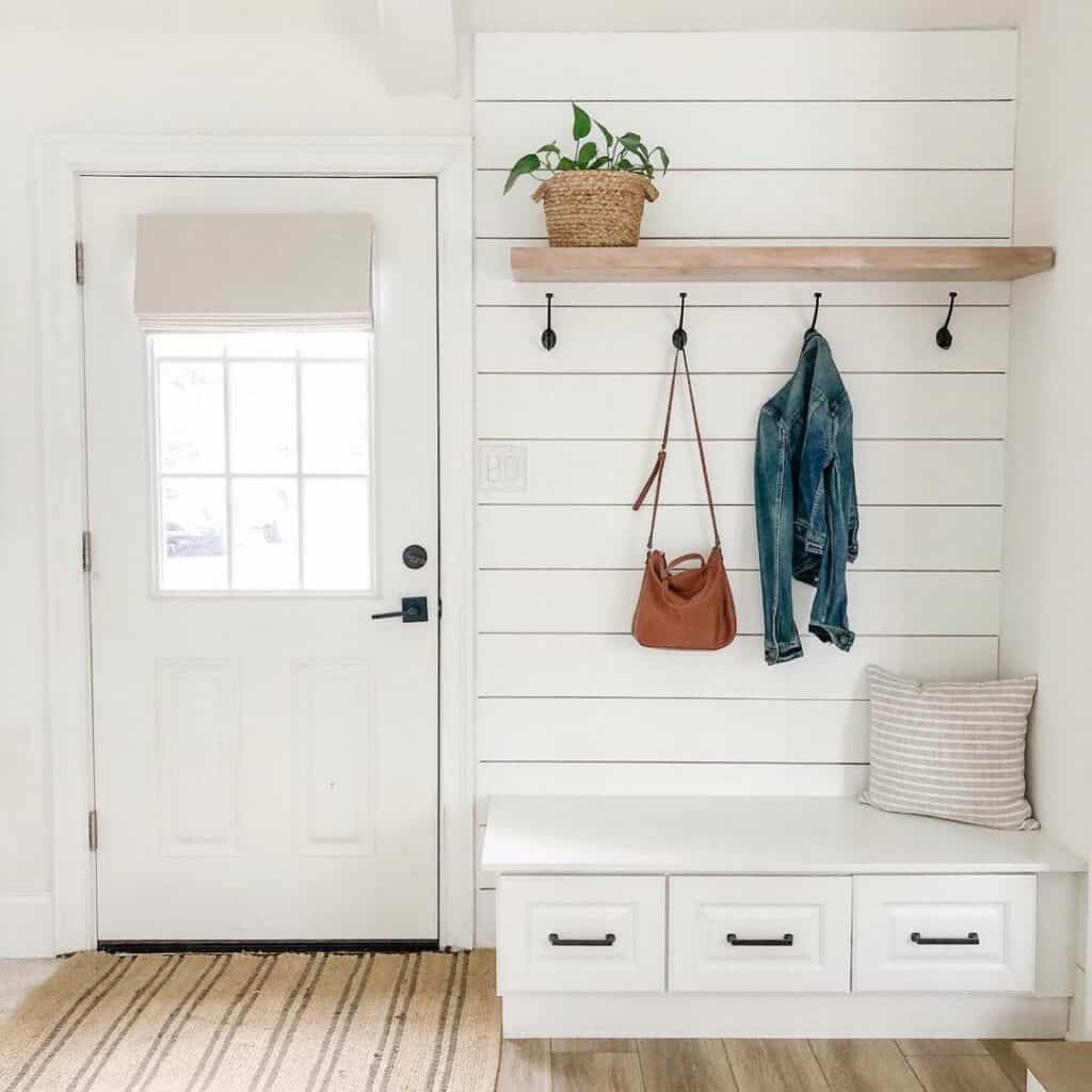 White Built-in Mudroom Bench with Drawers