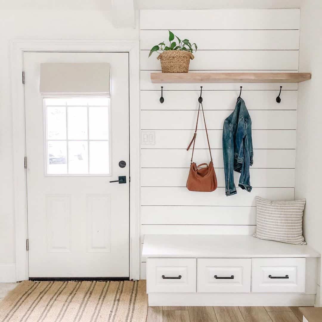 White Builtin Mudroom Bench with Drawers Soul & Lane
