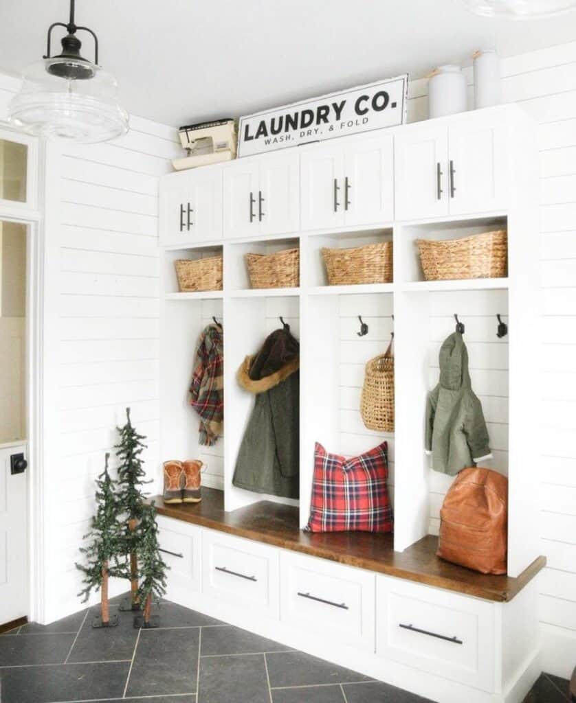 White Built-in Mudroom Lockers with Bench