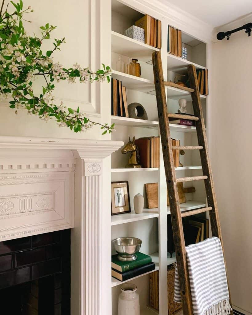White Built-in Shelves With Rustic Wooden Ladder