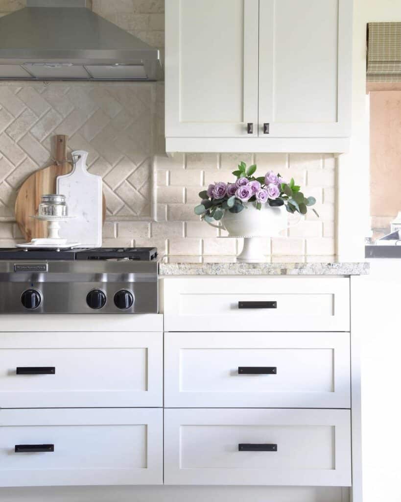 White With Stone Herringbone Backsplash Soul & Lane