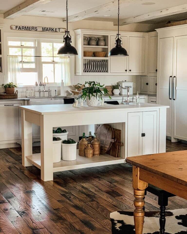 White Canisters on Kitchen Island Open Shelves