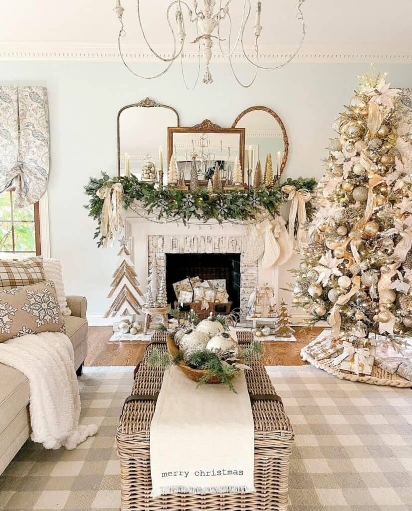 White Christmas Mantel Décor with Vintage Mirrors