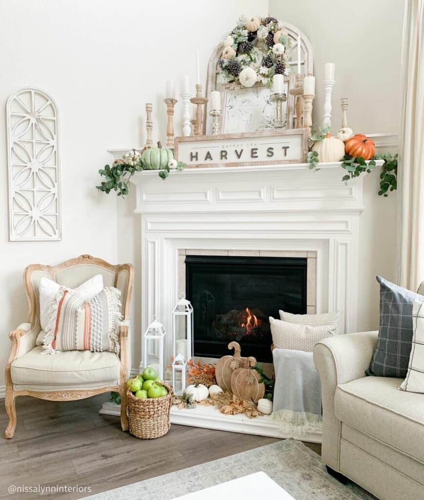 White Corner Fireplace with Green Fireplace Decorations