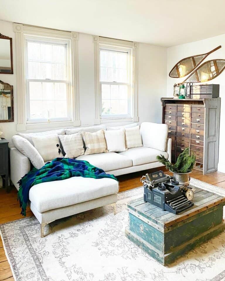 White Couch Living Room with Vintage Furniture Ideas