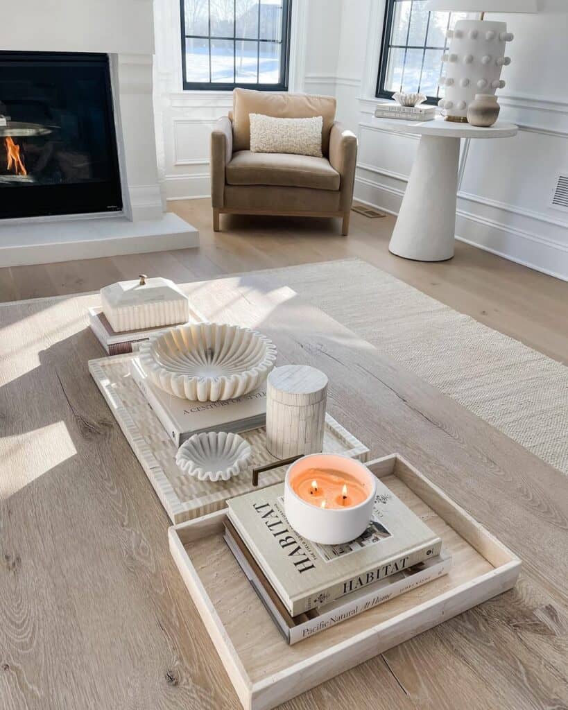 White Décor on Two Wooden Coffee Table Trays