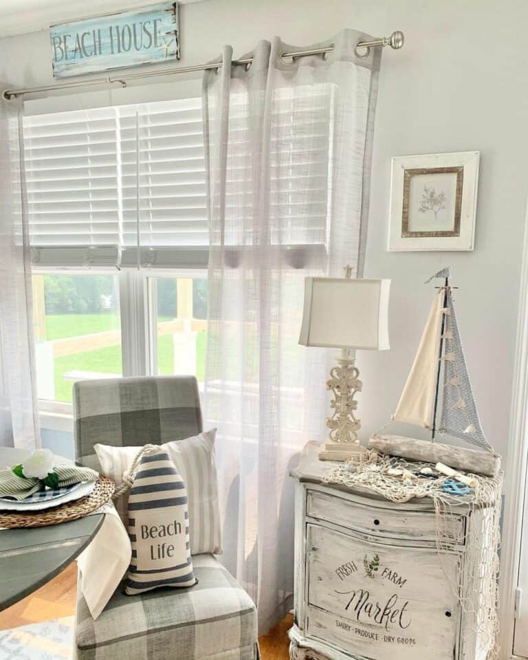 White Dining Room Side Table with Driftwood Sculpture