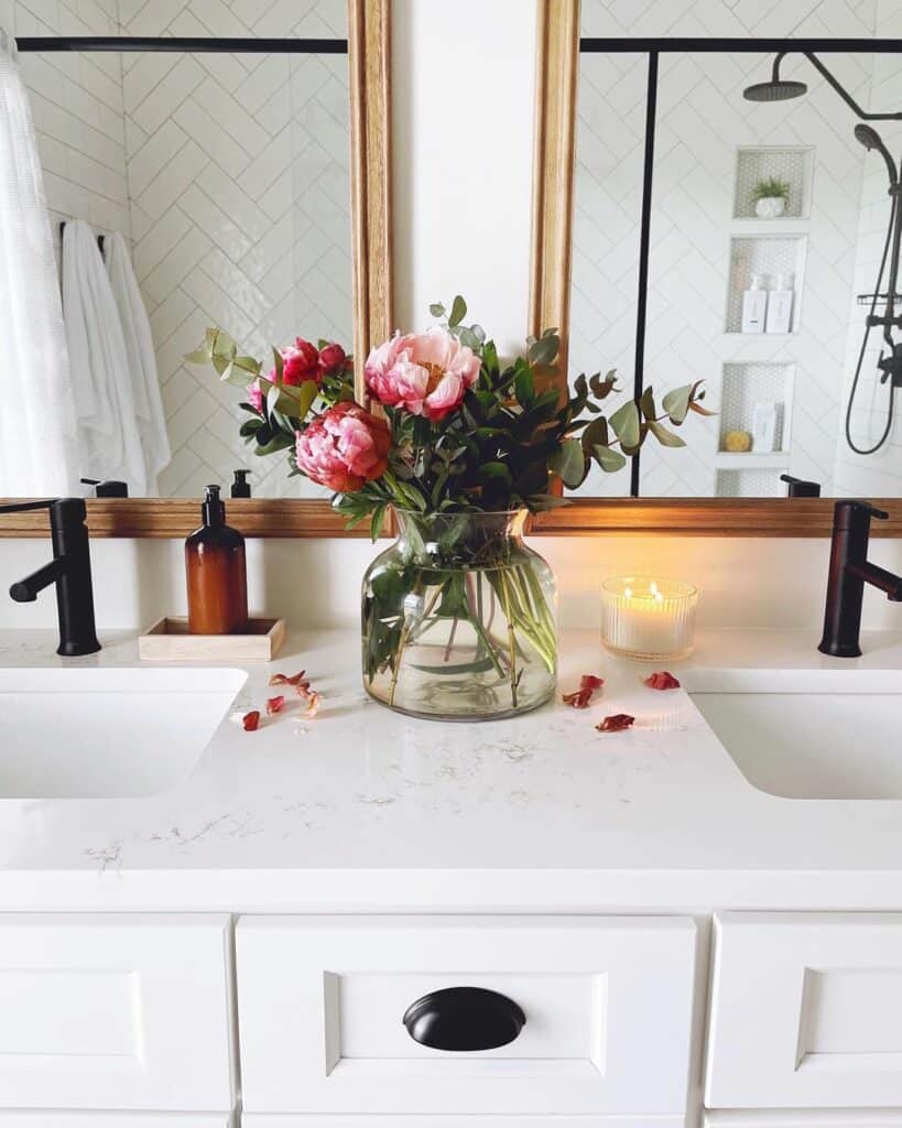White Double Sink Vanity With Black Hardware - Soul & Lane