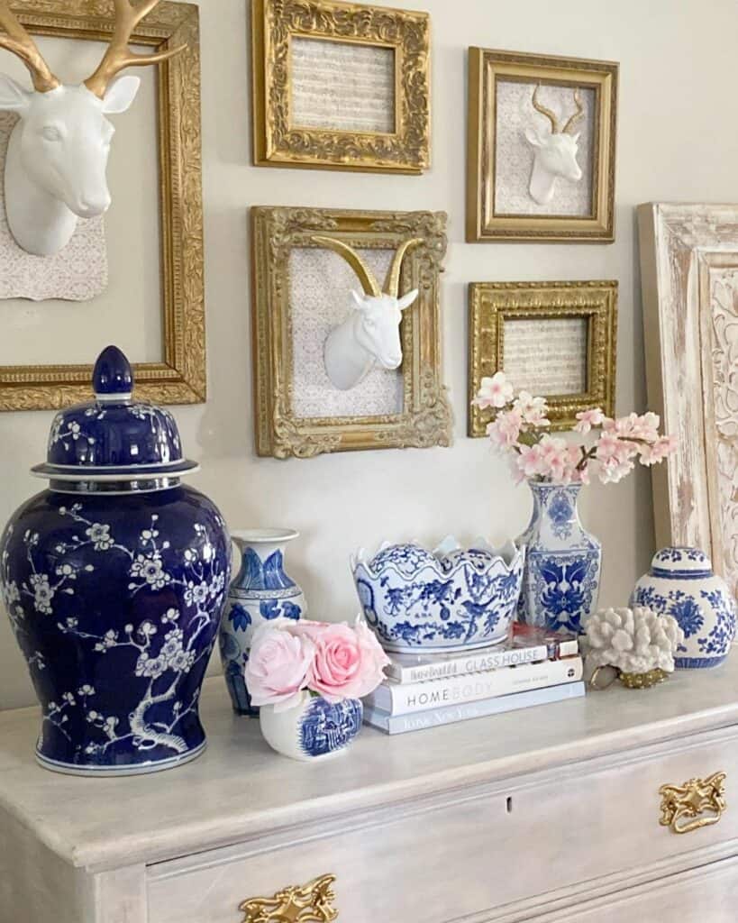 White Dresser with Blue and White Décor