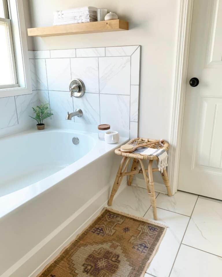 White Drop-in Tub With Light Wood Bathroom Stool