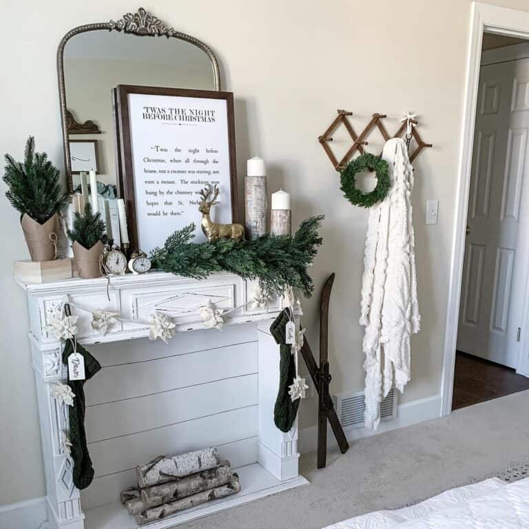 White Farmhouse Bedroom Mantel with Pine Accents