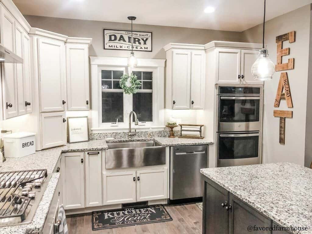 White Farmhouse Cabinets with Black Hardware