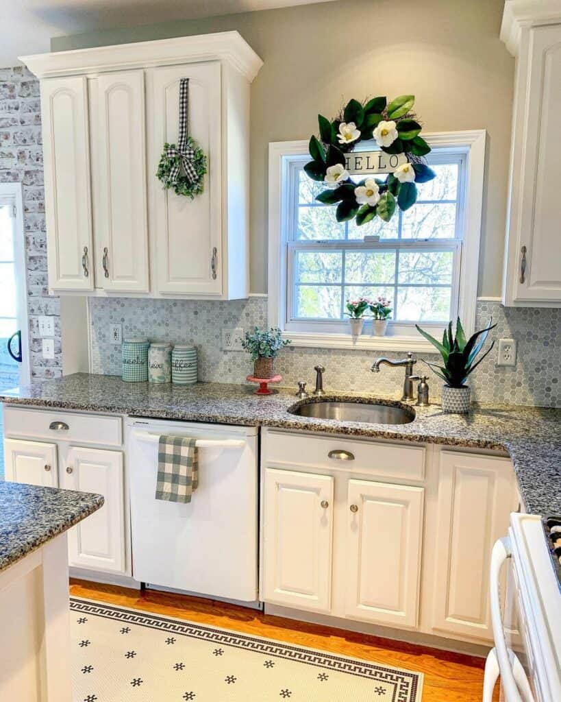 White Farmhouse Cabinets with Gray Countertop