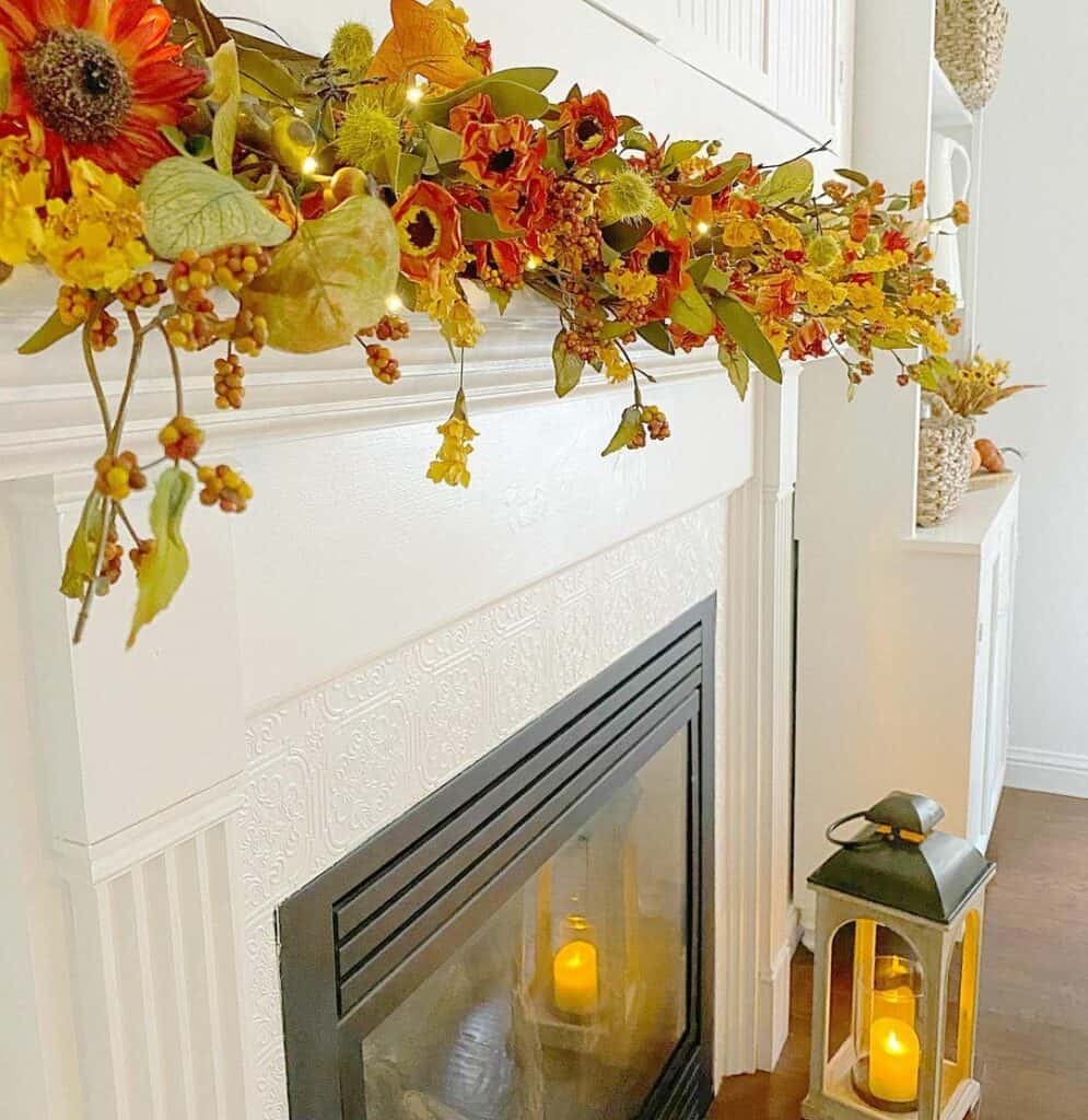 White Fireplace Mantel with Fall Garland