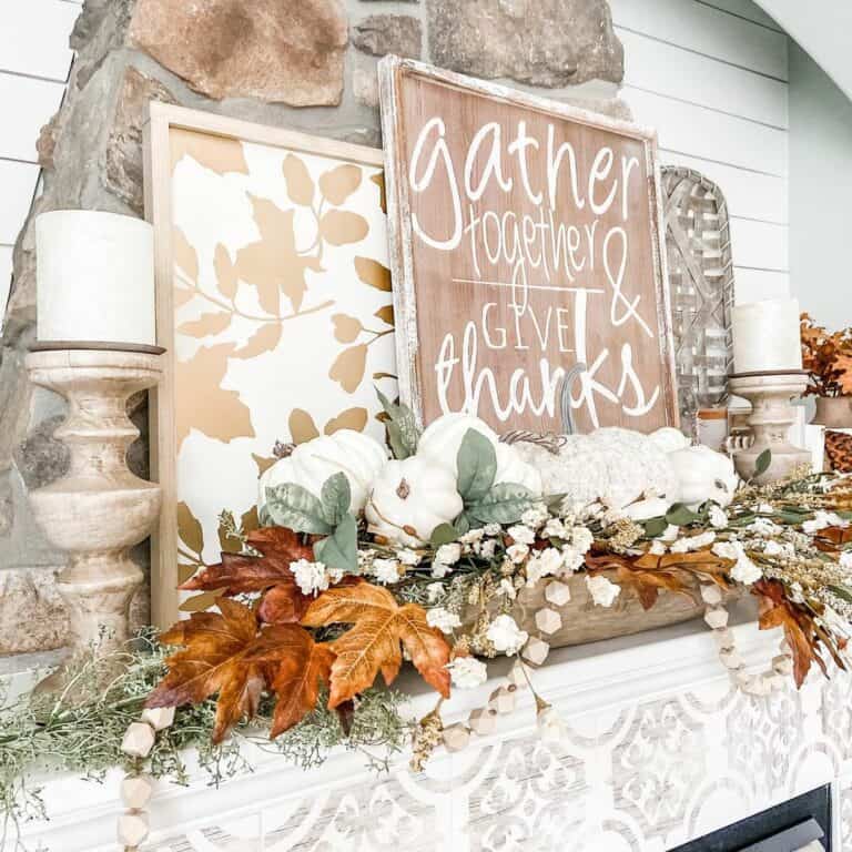 White Fireplace Mantel with Wood-Framed Wall Signs