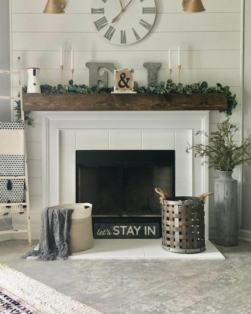 White Fireplace with Dark Wood Mantel