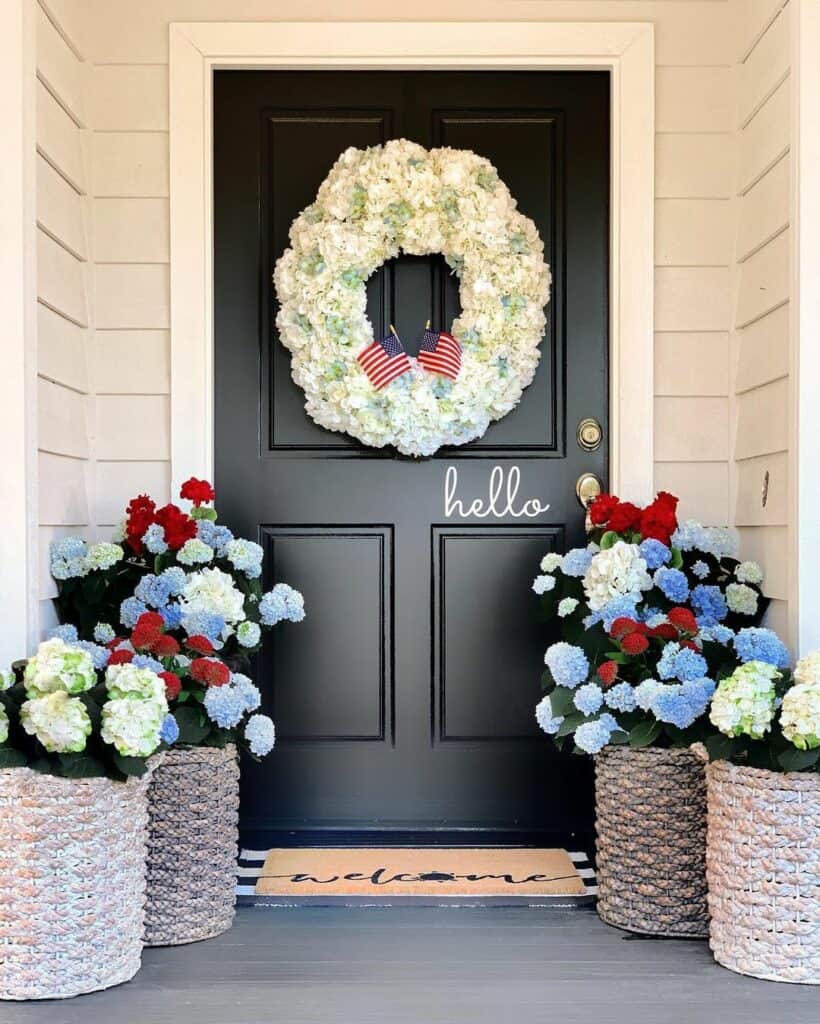 White Floral Summer Wreath for Black Entrance Door