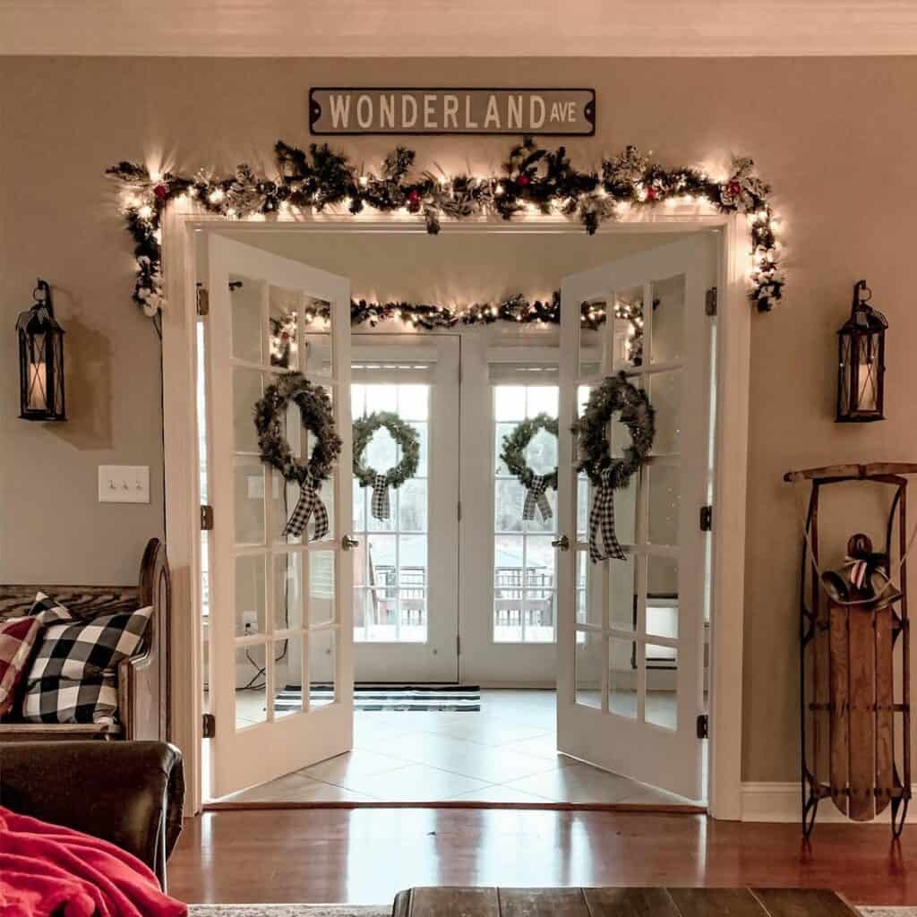 White French Doors With Christmas Wreaths
