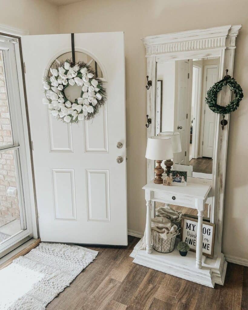 White Front Door with White Flower Spring Wreath
