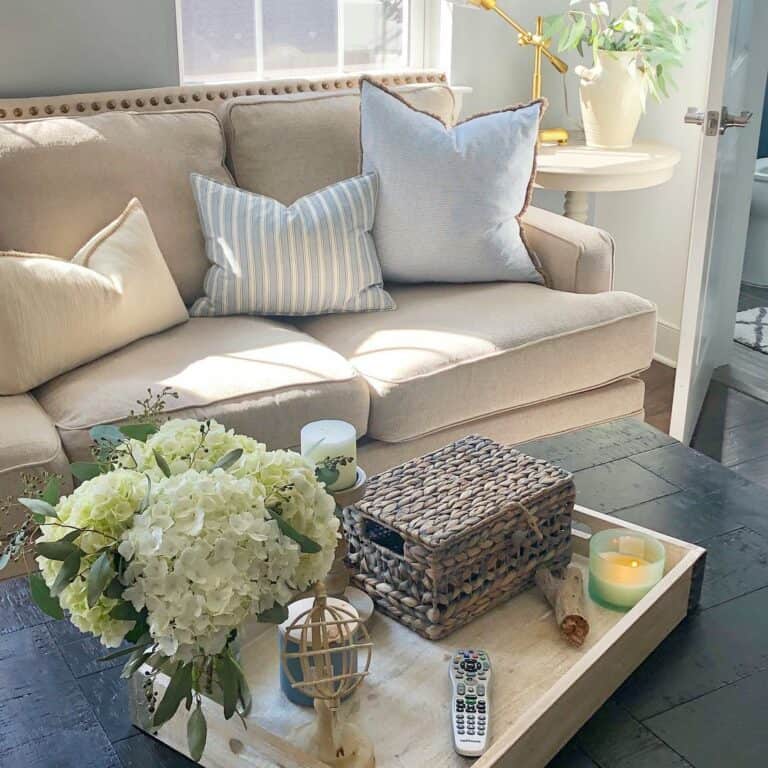 White Hydrangeas and a Wicker Box on a Tray