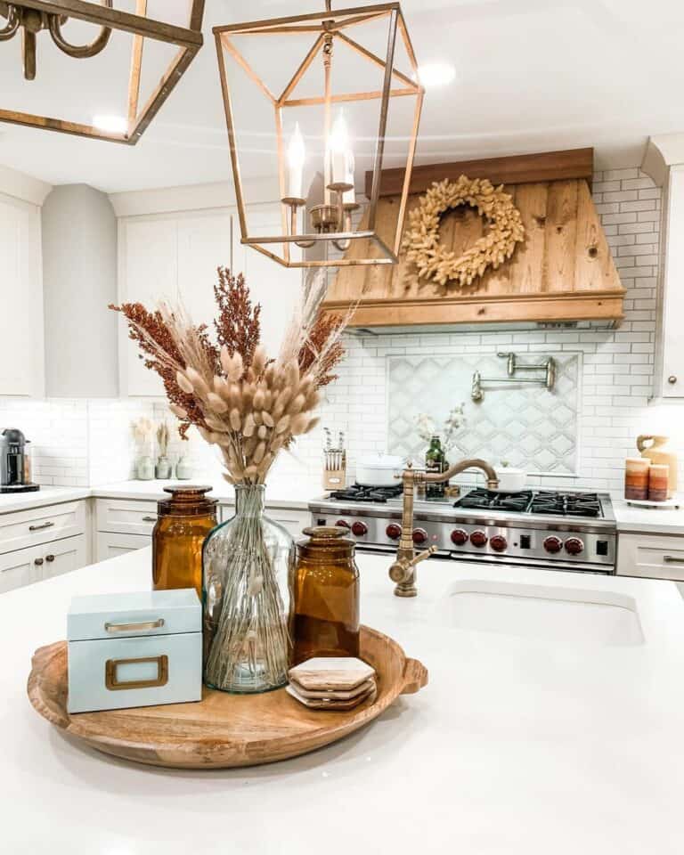White Island Counter With Antique Brass Kitchen Tap