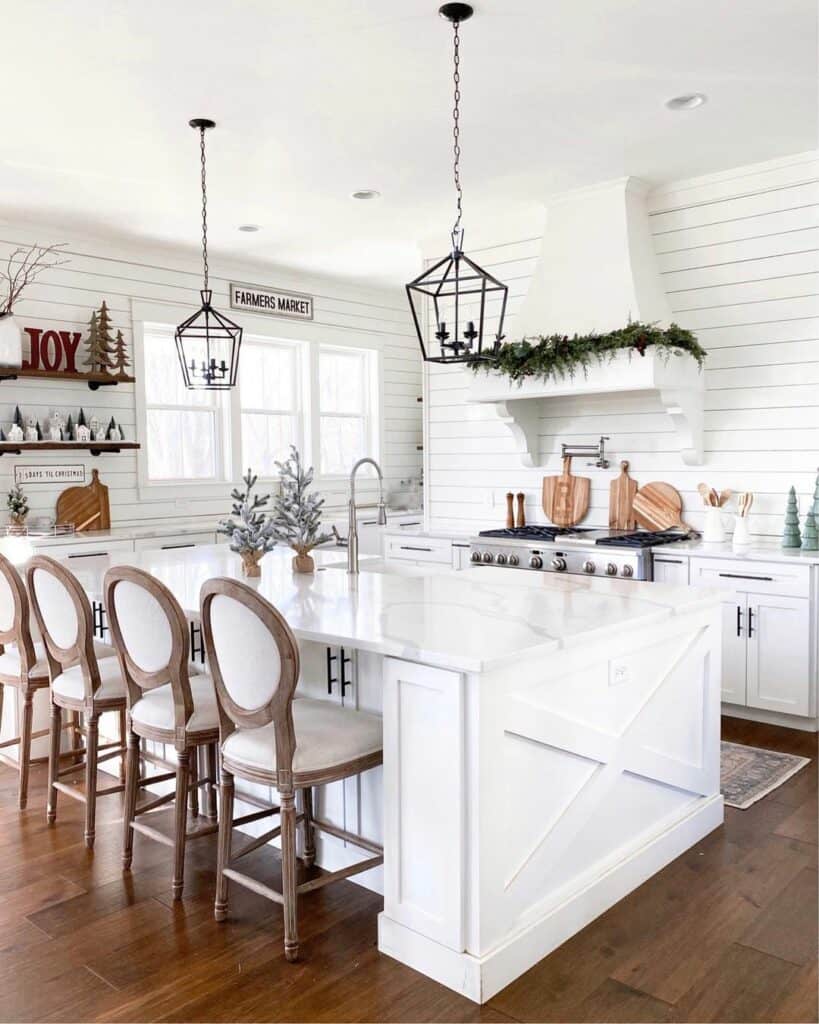 White Kitchen Island With Black Lantern Pendant Lighting