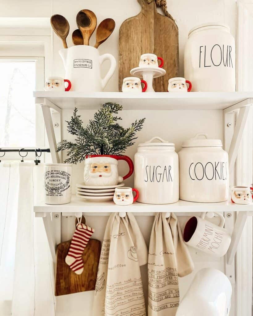 White Kitchen Shelves with Vintage Santa Mugs