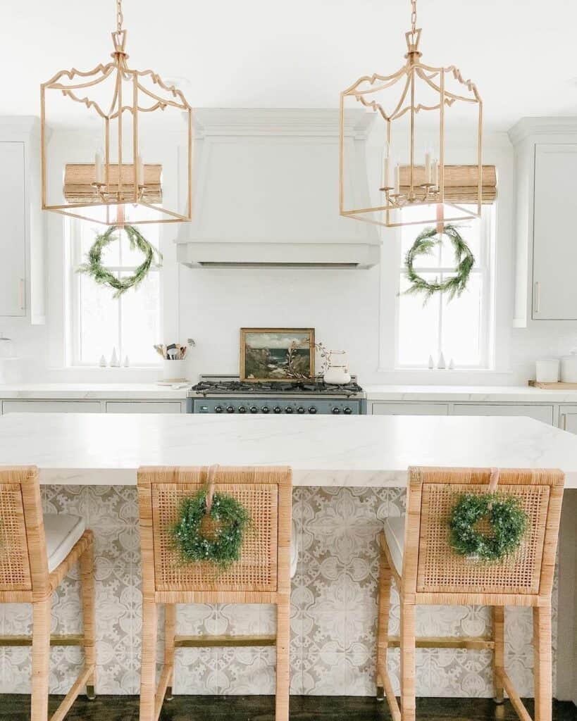 White Kitchen Windows with Green Wreaths