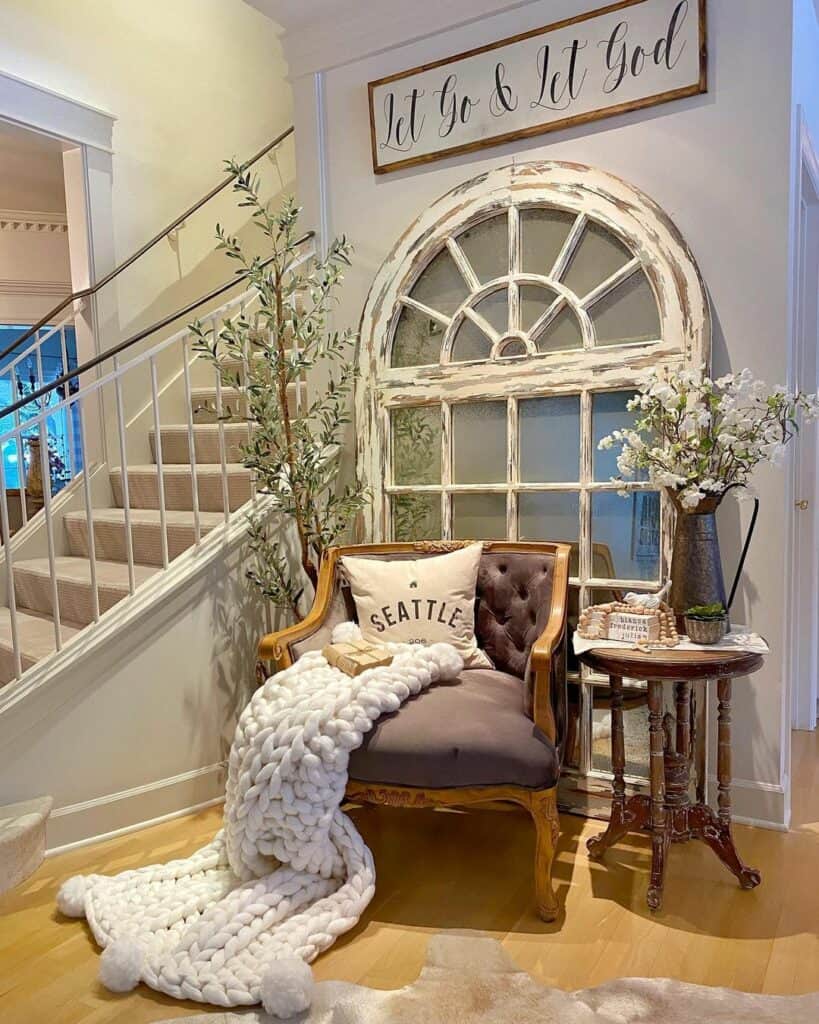 White Knit Blanket on a Tufted Brown Chair