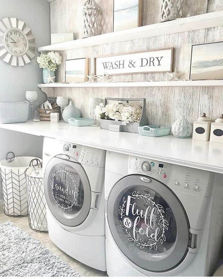 White Laundry Room Shelves with Beach Theme