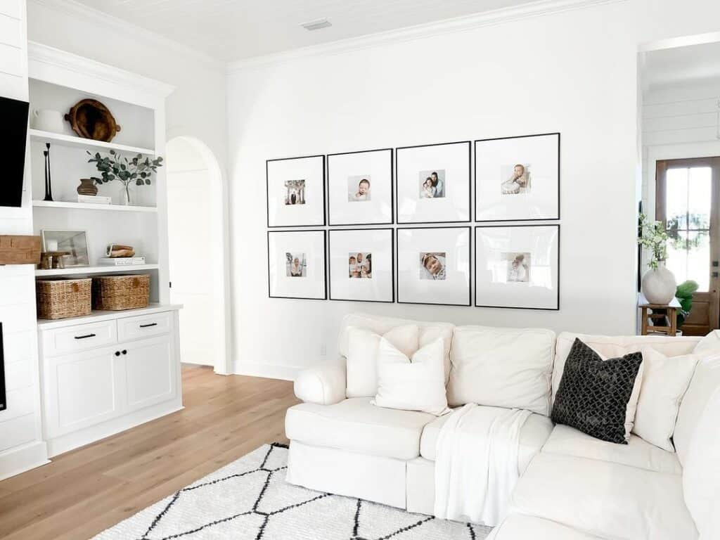White Living Room Shelving and Gallery Wall