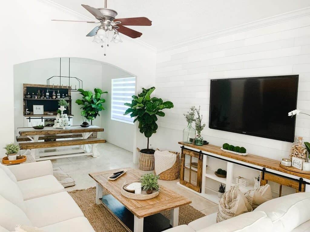White Living Room Shiplap TV Wall Ideas