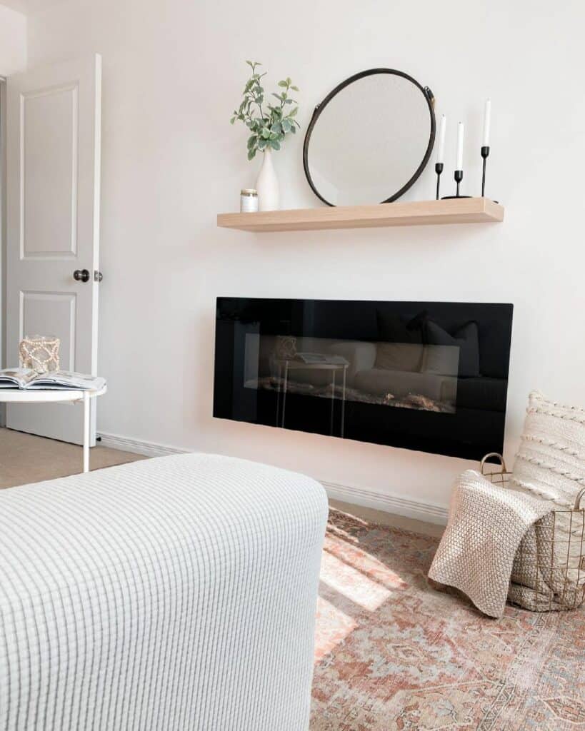 White Living Room With Black Electric Fireplace