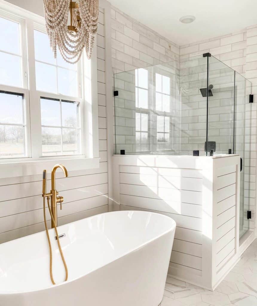 White Minimalist Bathroom Shower With Glass Door Idea