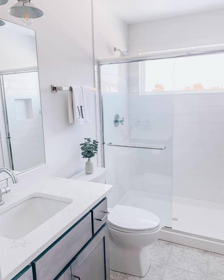 White Modern Bathroom With a Grey-washed Wood Vanity