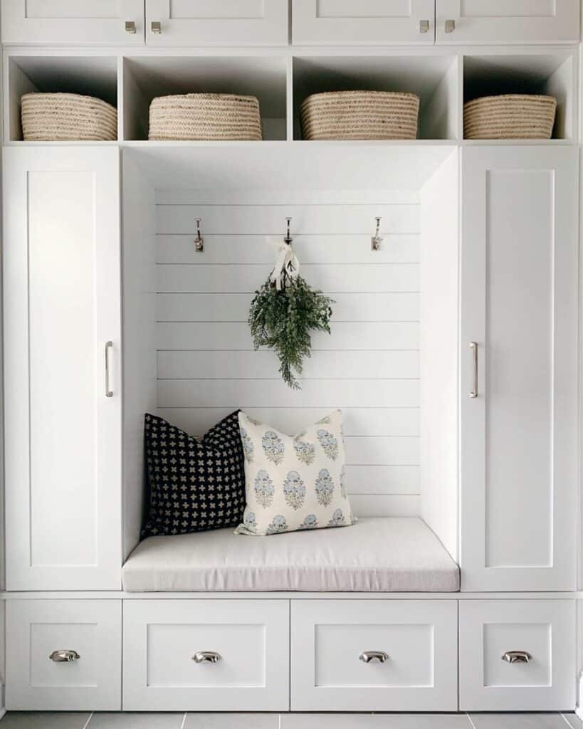 White Mudroom Cabinets with Built-in Bench