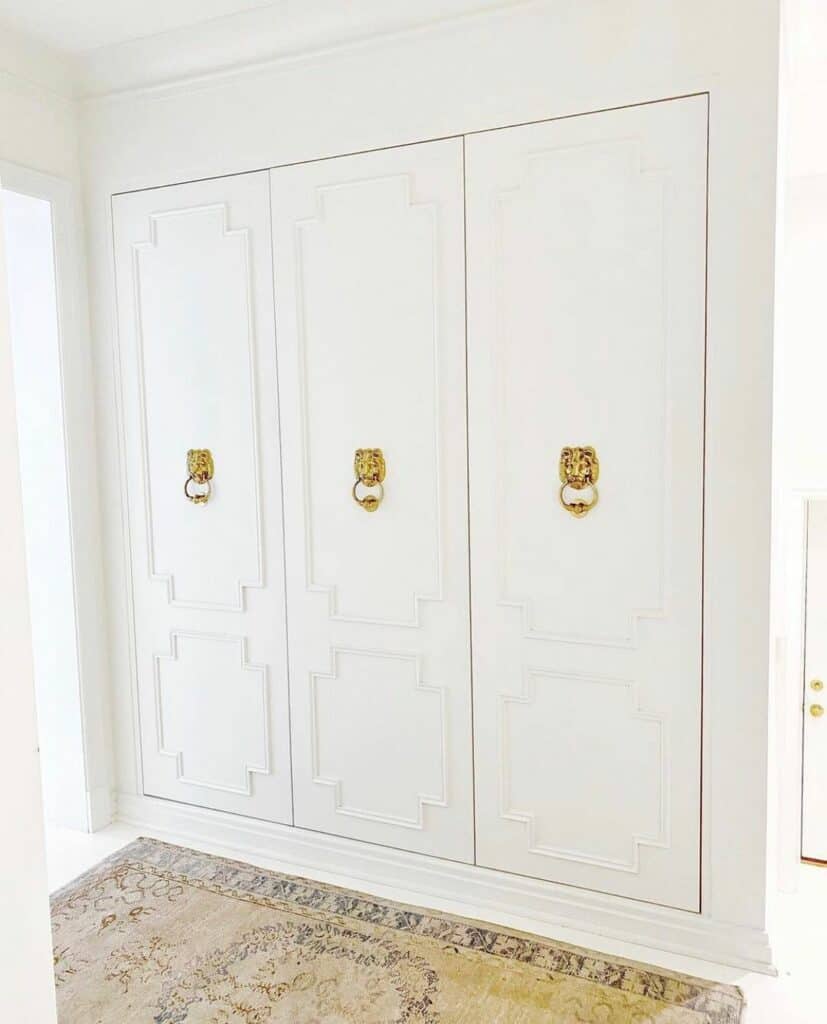 White Mudroom Lockers with Gold Lion Knockers