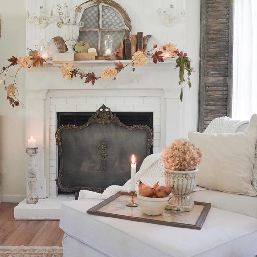 White Painted Brick Fireplace with Fall Fireplace Décor