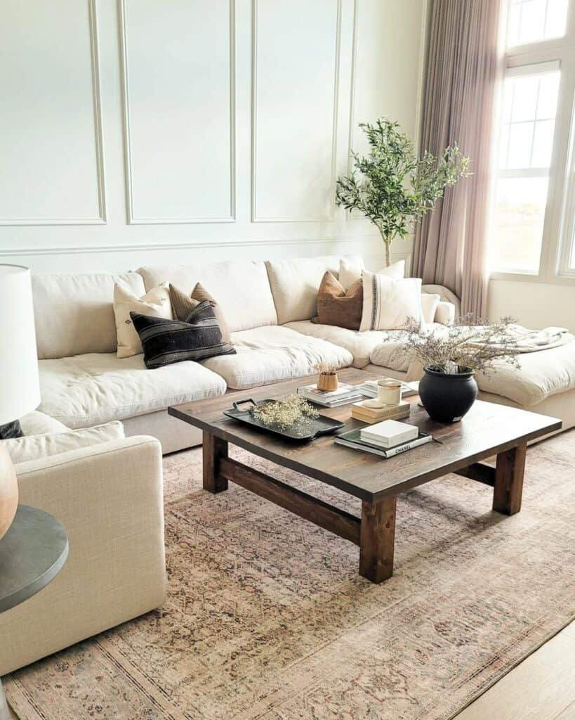 White Paneled Accent Wall with Light Pink Curtains