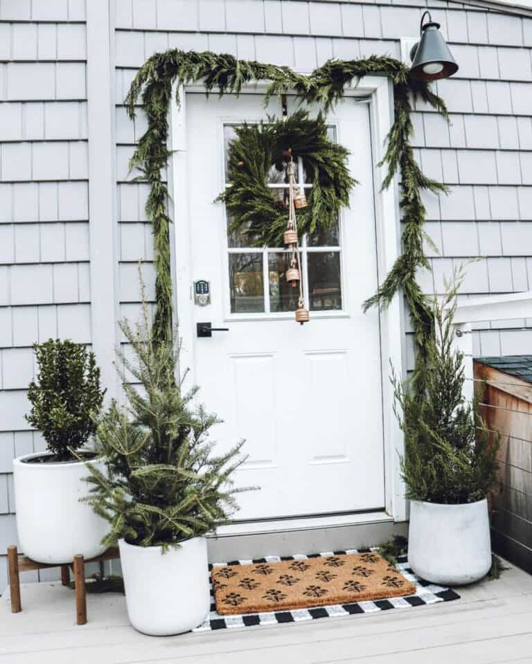 White Planters with Greenery for Entrance Door