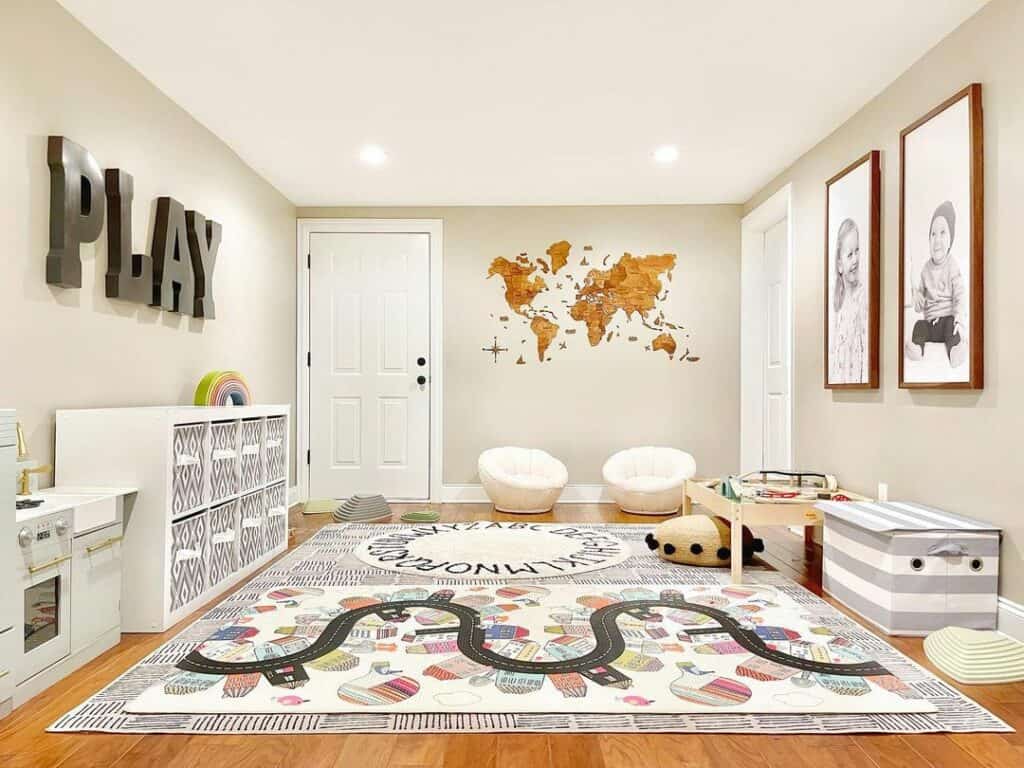 White Playroom Storage Shelves with Layered Rugs Soul & Lane
