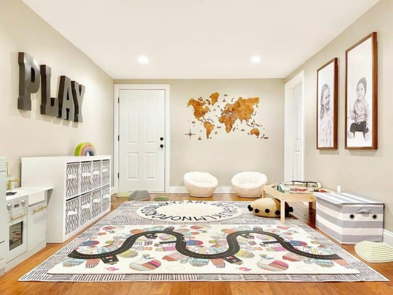 White Playroom Storage Shelves with Layered Rugs